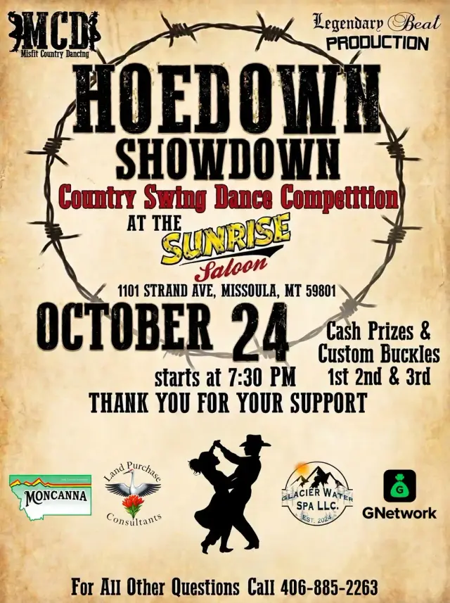 Hoedown Showdown 2026 country swing dance competition at Sunrise Saloon, October 24 at 7:30 PM